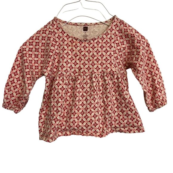 Tea Collection Top Girls Pink Red Printed Long Sleeve Pleated Pullover Size 3 - Picture 1 of 13